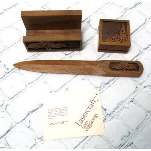 MCM Lasercraft Walnut Wood Business Card Holder Paperweight Letter Opener Trees